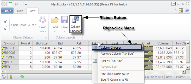 Port Window - column chooser