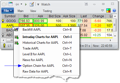 Option Chain from Menu