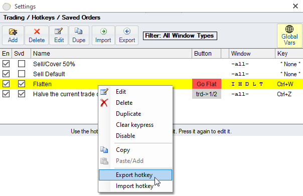 Hotkeys list - menu