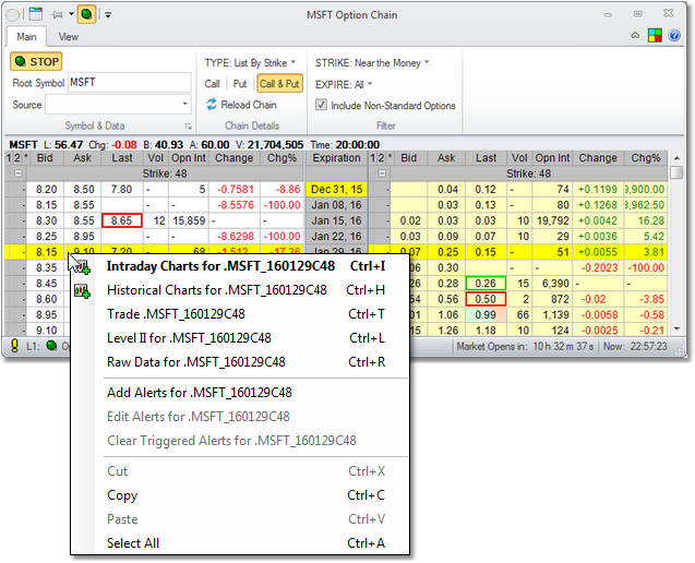 Option Chain with Menu